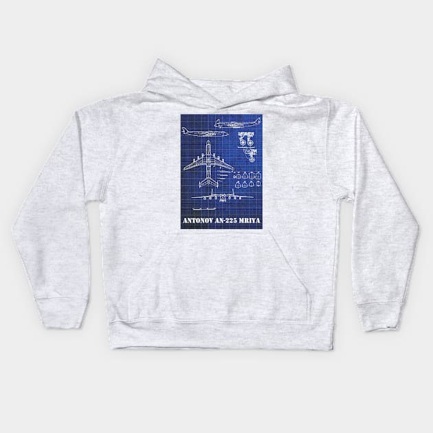 Vintage Blueprint of Antonov AN 225 Mriya Aircraft Kids Hoodie by Geoji 